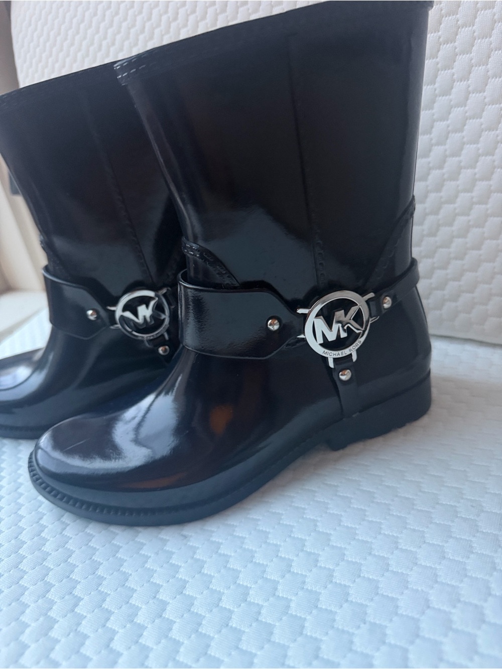 Michael Kors Navy Blue Patent MK Logo Rain Boots